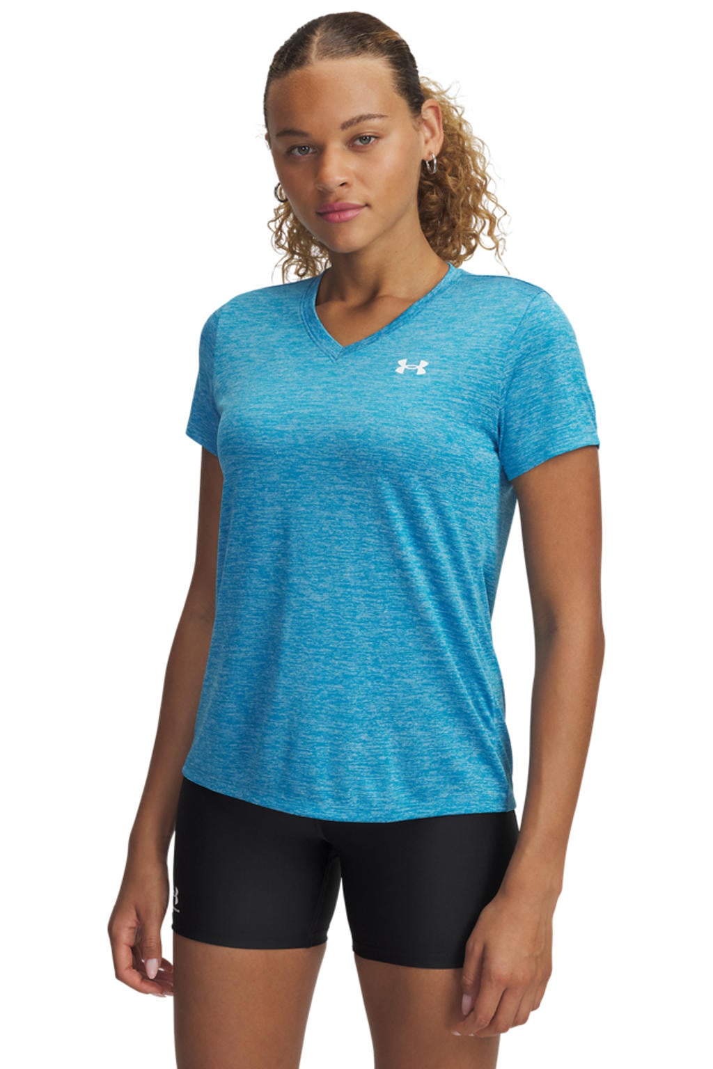 Blauwe dames Under Armour hardloopshirt Tech Twist van polyester met korte mouwen en V-hals