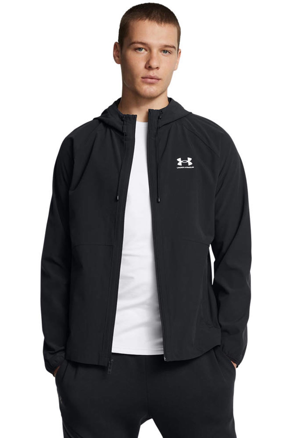 Zwart en witte heren Under Armour windbreaker jack van polyester met effen, lange mouwen, capuchon en ritssluiting