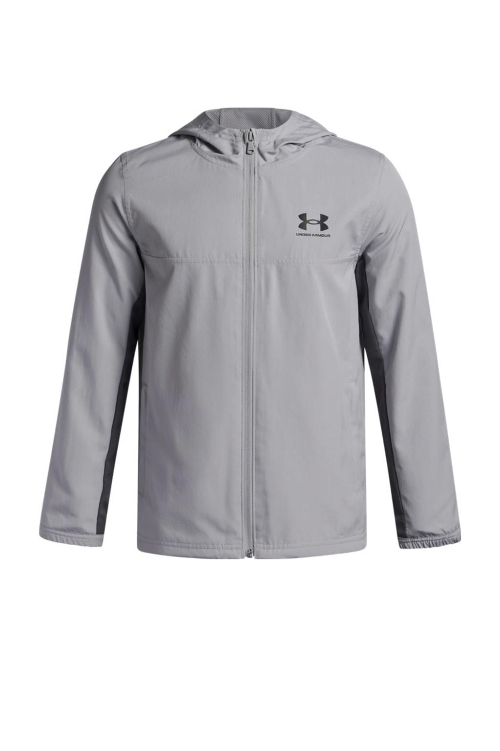 Grijze jongens en meisjes Under Armour Junior sportjack van polyester met logo dessin, lange mouwen, capuchon en ritssluiting
