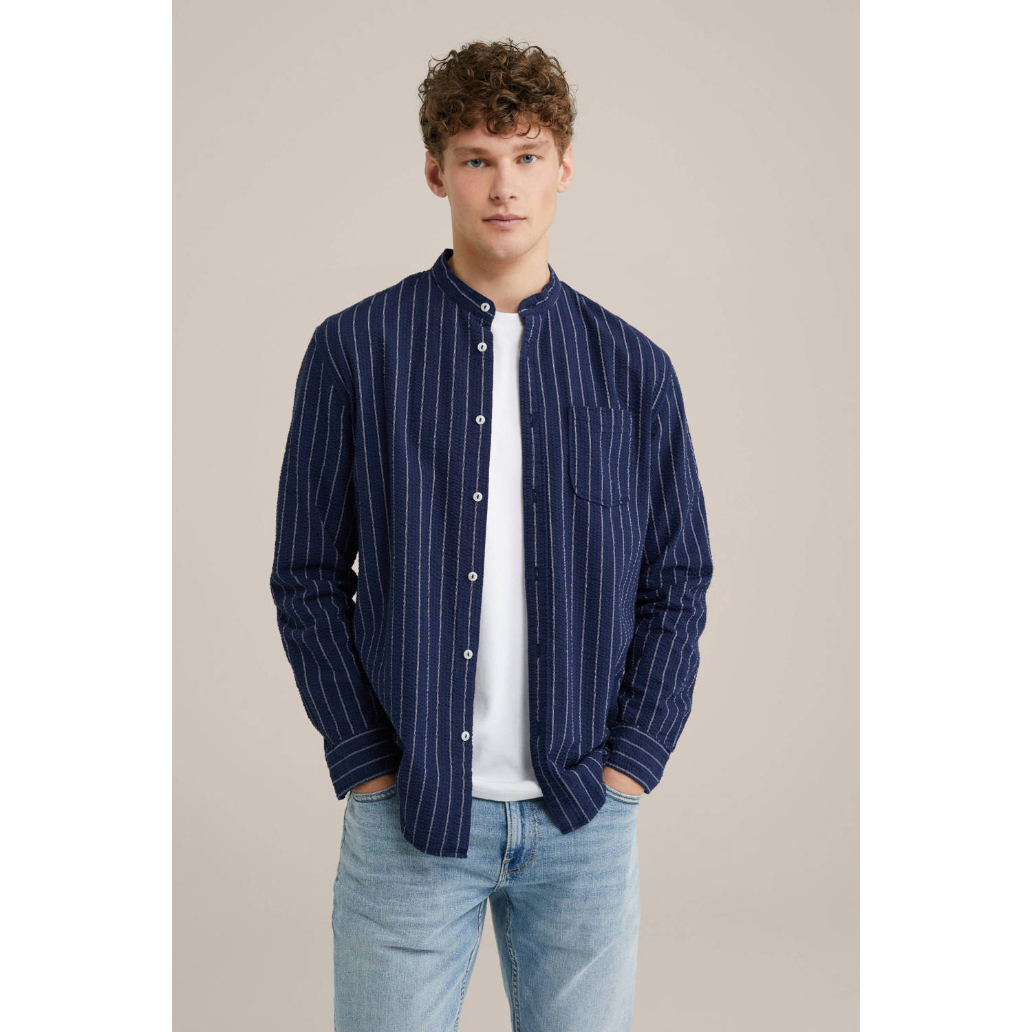 WE Fashion Blue Ridge casual overhemd donkerblauw