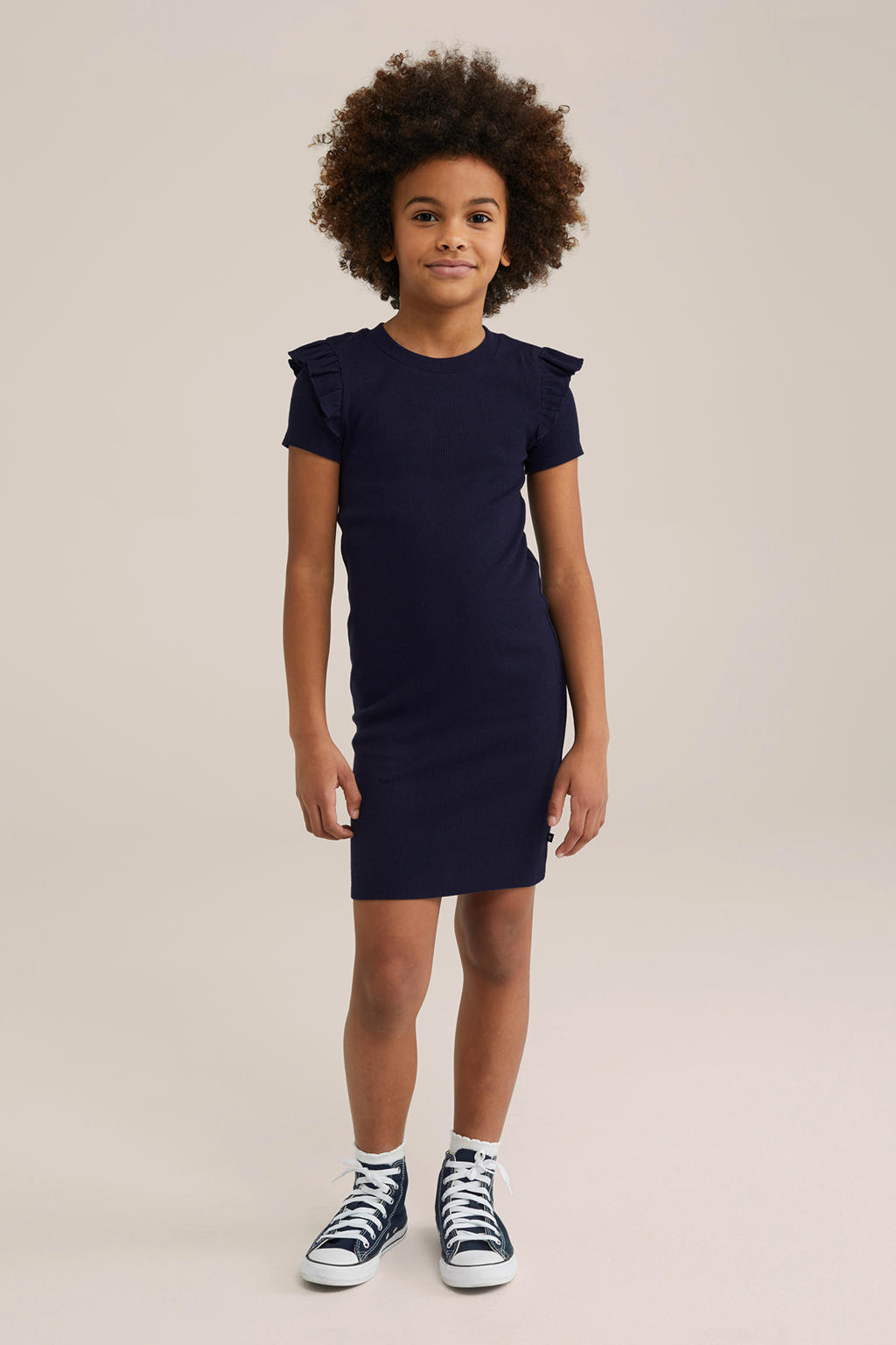 Donkerblauwe meisjes WE Fashion bodycon jurk van stretchkatoen met effen, korte mouwen en ronde hals
