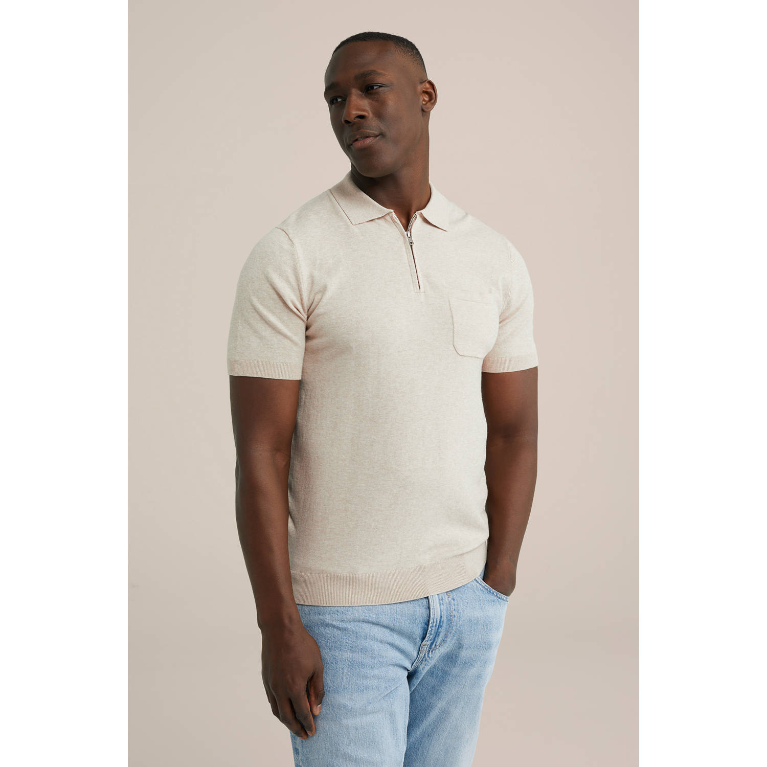 WE Fashion regular polo fijn gebreid beige