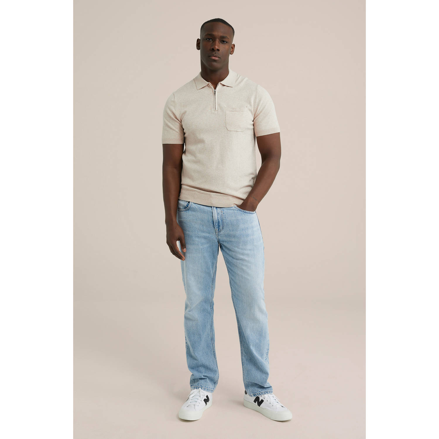 WE Fashion regular polo fijn gebreid beige