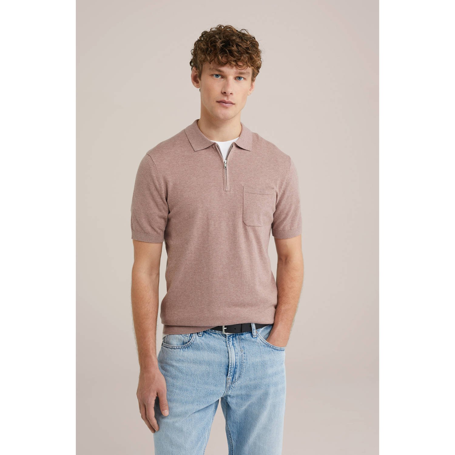 WE Fashion regular polo fijn gebreid oudroze