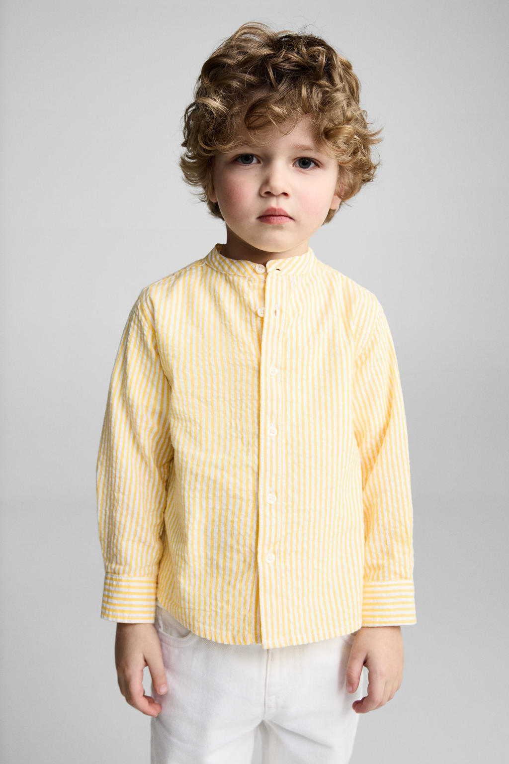 Gele jongens Mango Kids overhemd van katoen met krijtstreepprint, lange mouwen en knoopsluiting