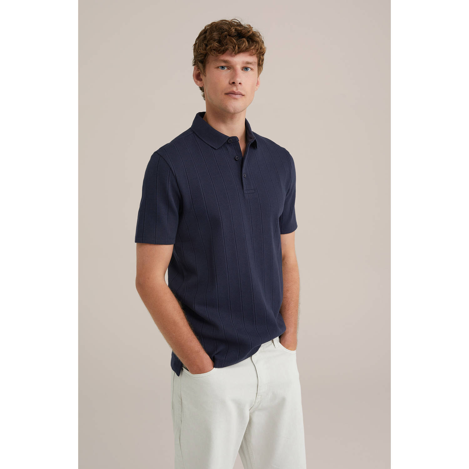 WE Fashion regular polo met ingebreid patroon donkerblauw
