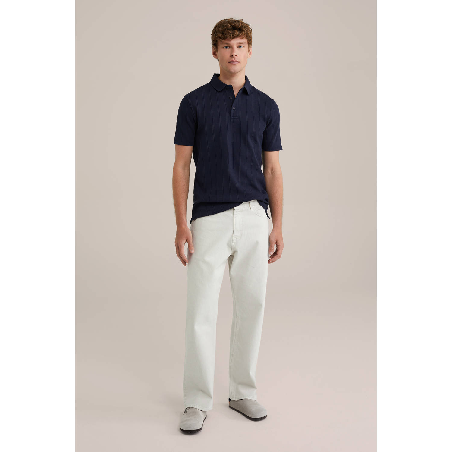 WE Fashion regular polo met ingebreid patroon donkerblauw