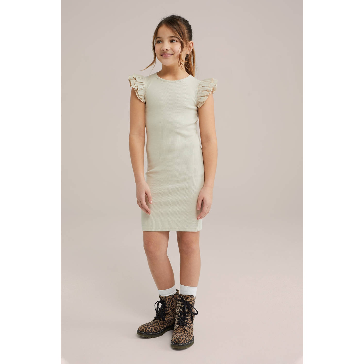 WE Fashion korte jurk rib gebreid beige