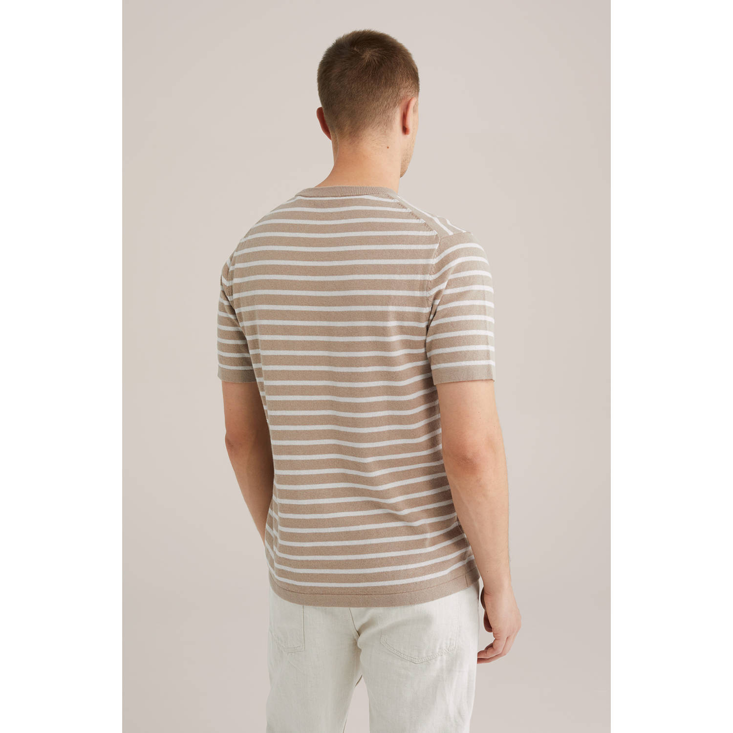 WE Fashion regular fit t-shirt met linnen fijn gebreid lichtbruin