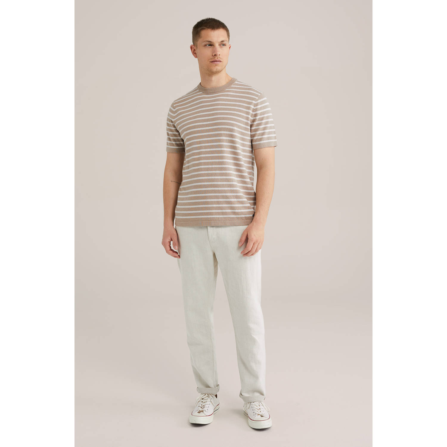 WE Fashion regular fit t-shirt met linnen fijn gebreid lichtbruin
