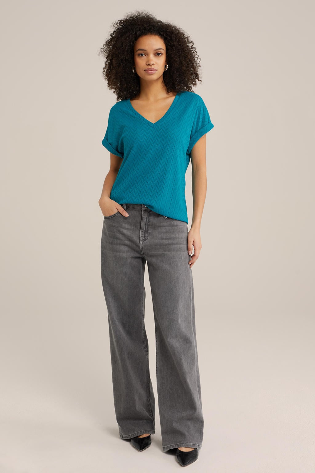Petrolkleurige dames WE Fashion top van polyester met effen, korte mouwen en V-hals