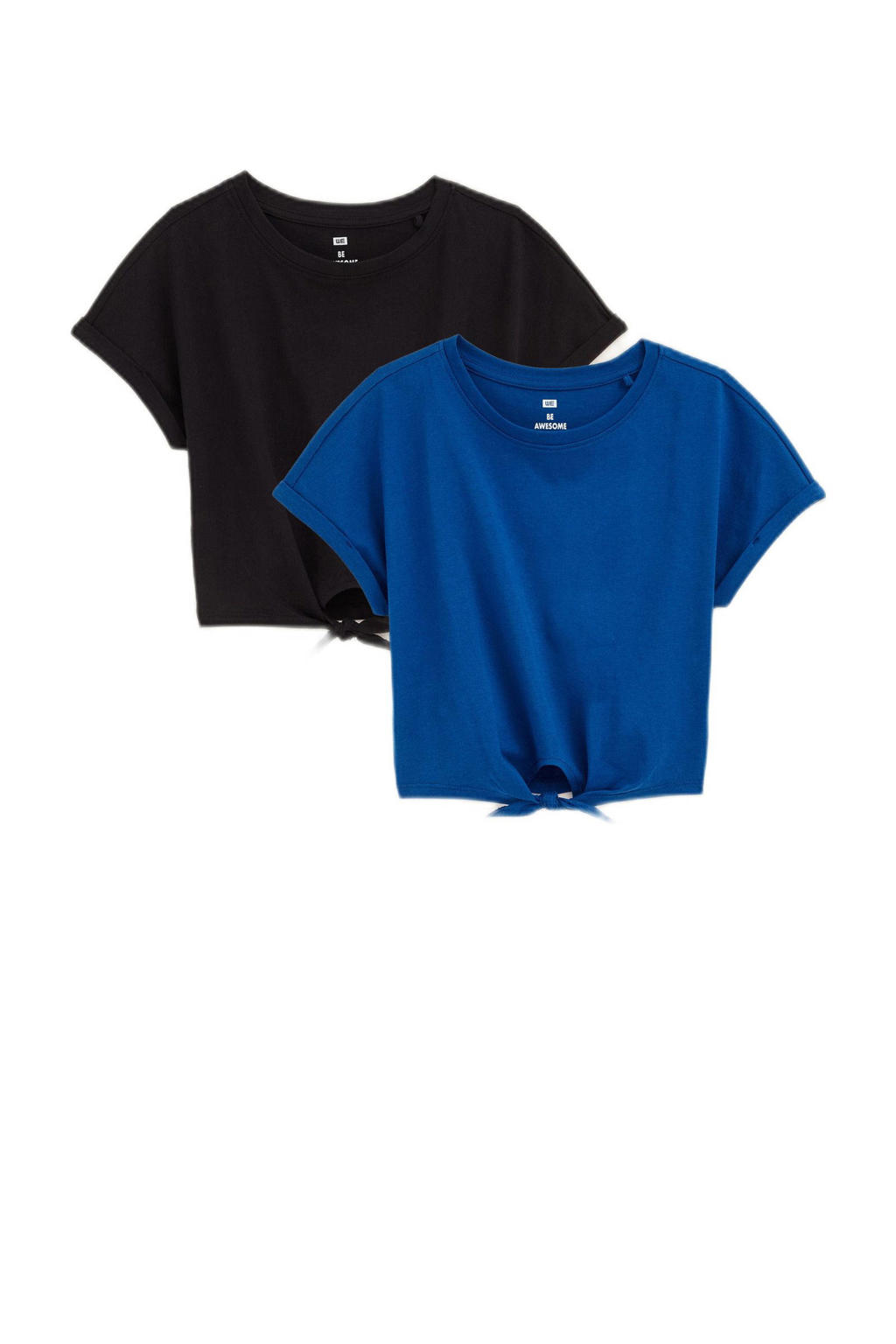 Set van 2 blauw, kobaltblauw en zwarte meisjes WE Fashion T-shirt van katoen met effen, korte mouwen, ronde hals en knoopdetail