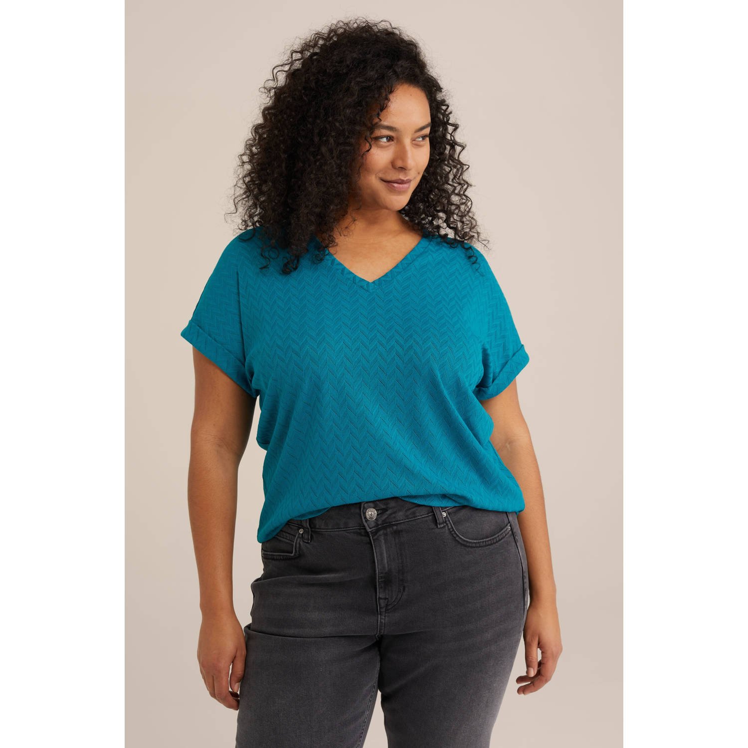 WE Fashion Curve top met ingebreid patroon petrol