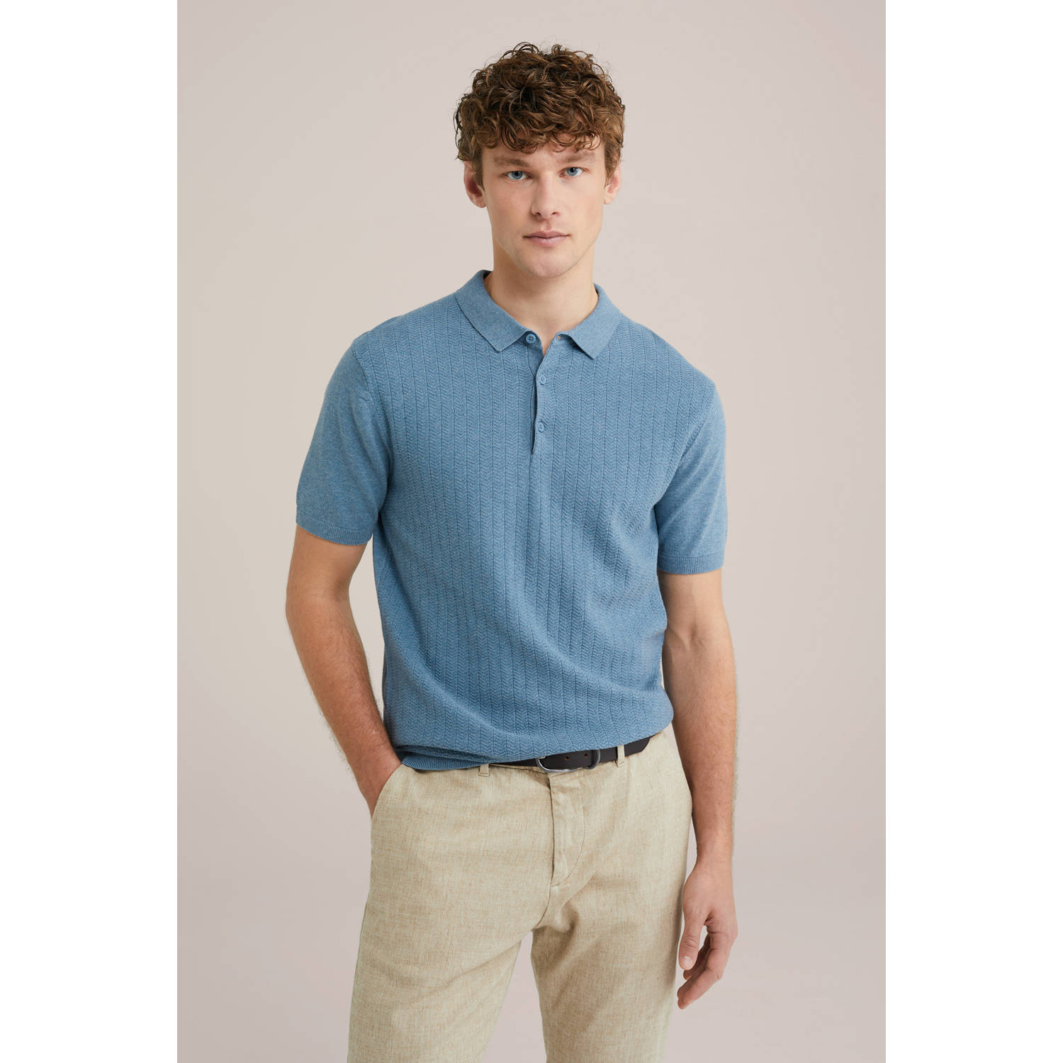 WE Fashion regular polo fijn gebreid blauw