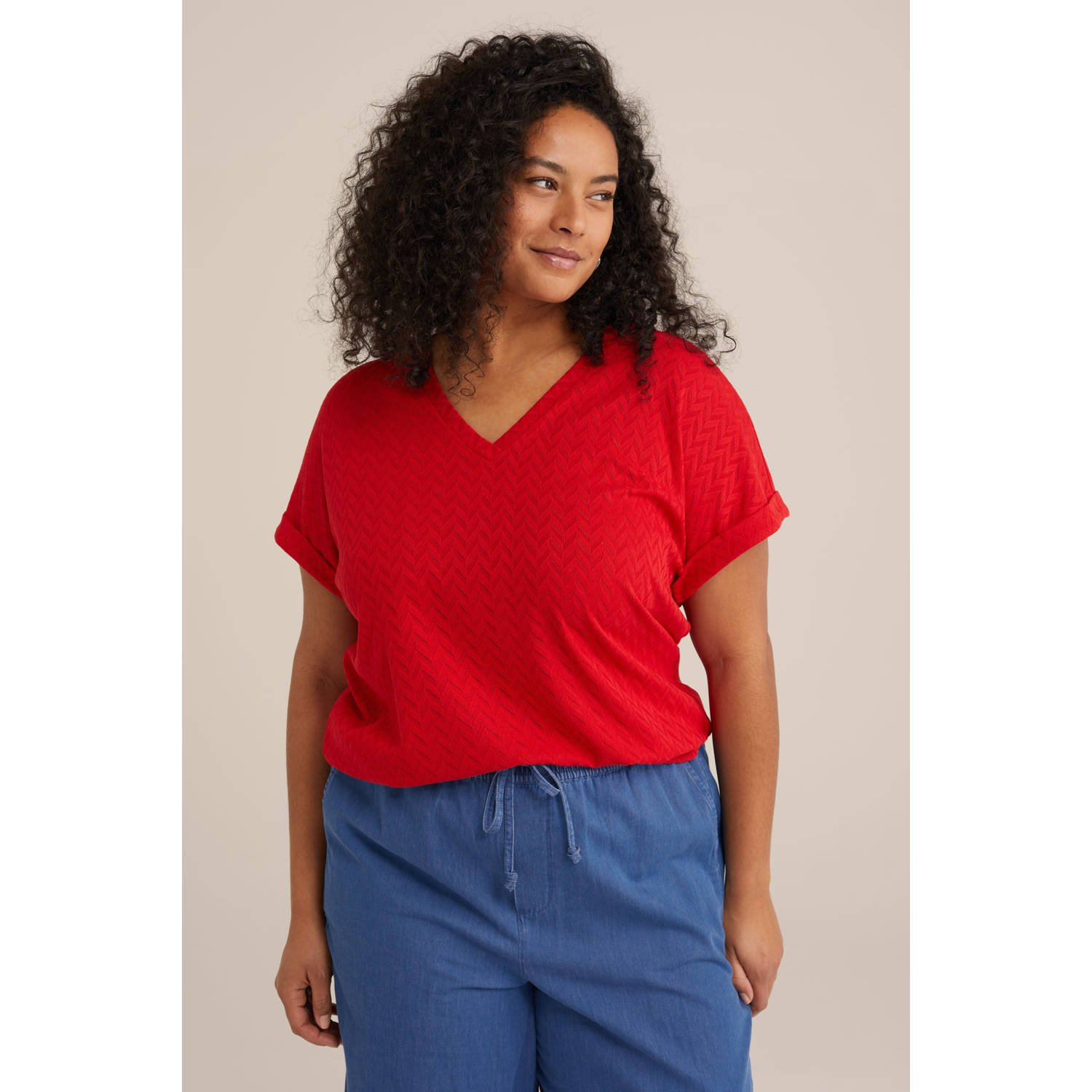 WE Fashion Curve top met ingebreid patroon rood