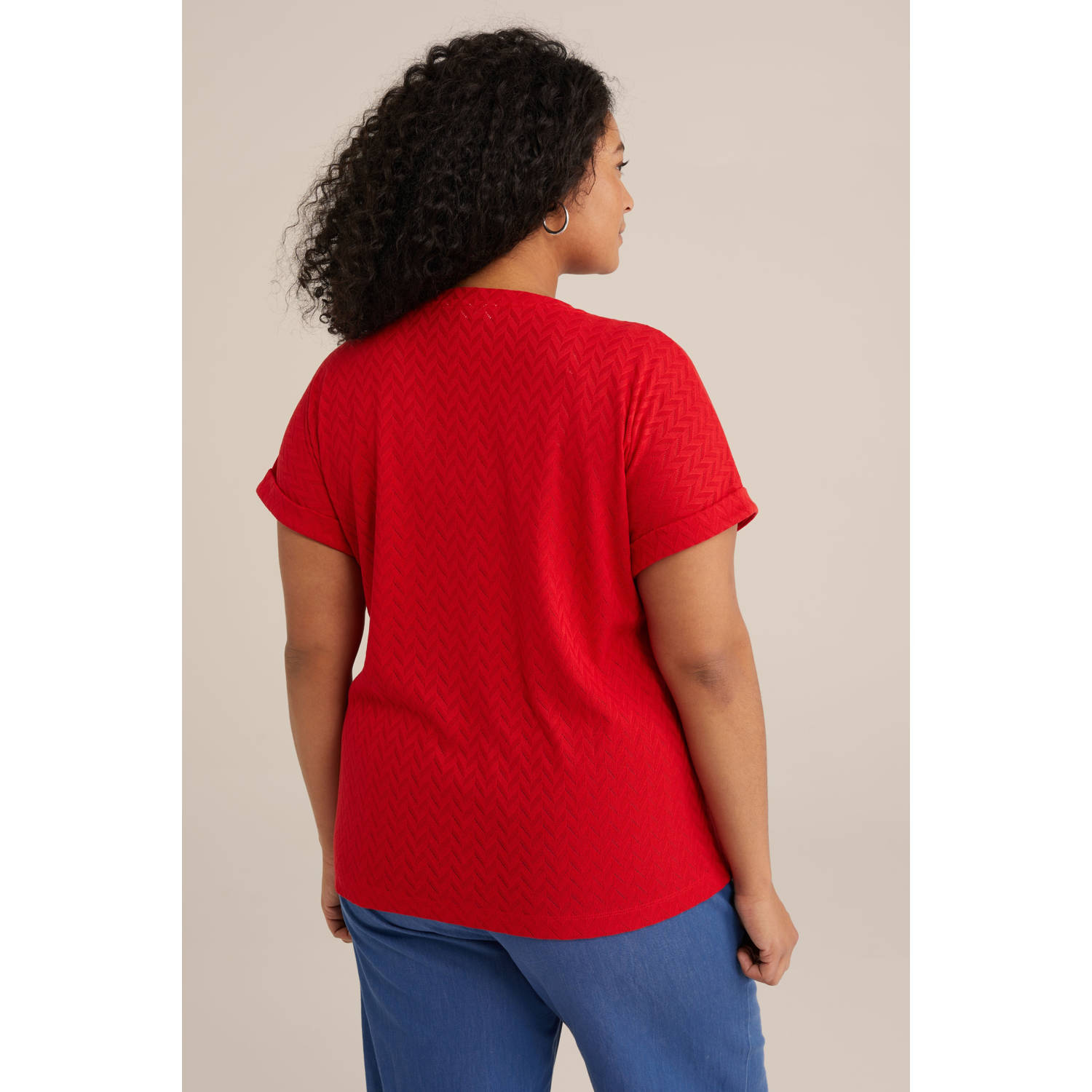 WE Fashion Curve top met ingebreid patroon rood