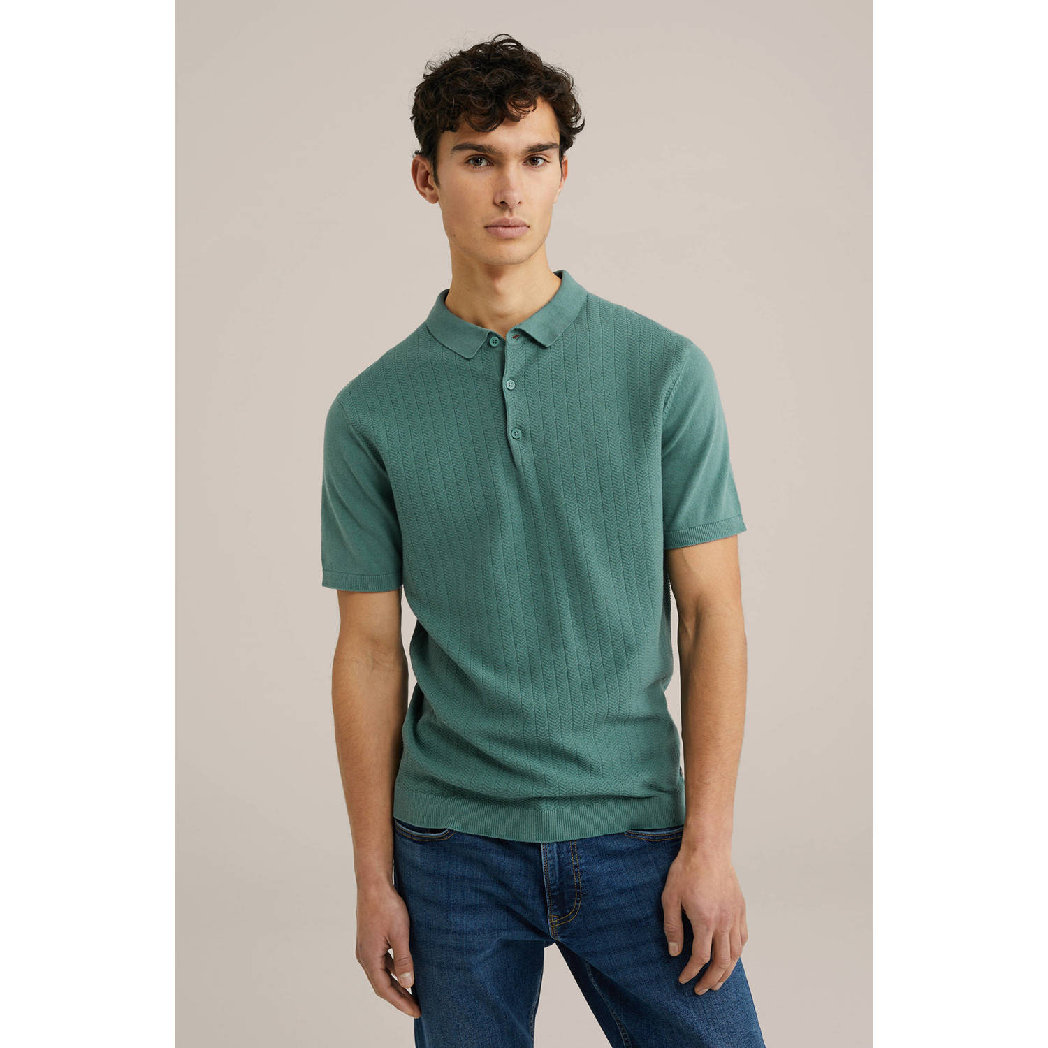 WE Fashion regular polo fijn gebreid groen
