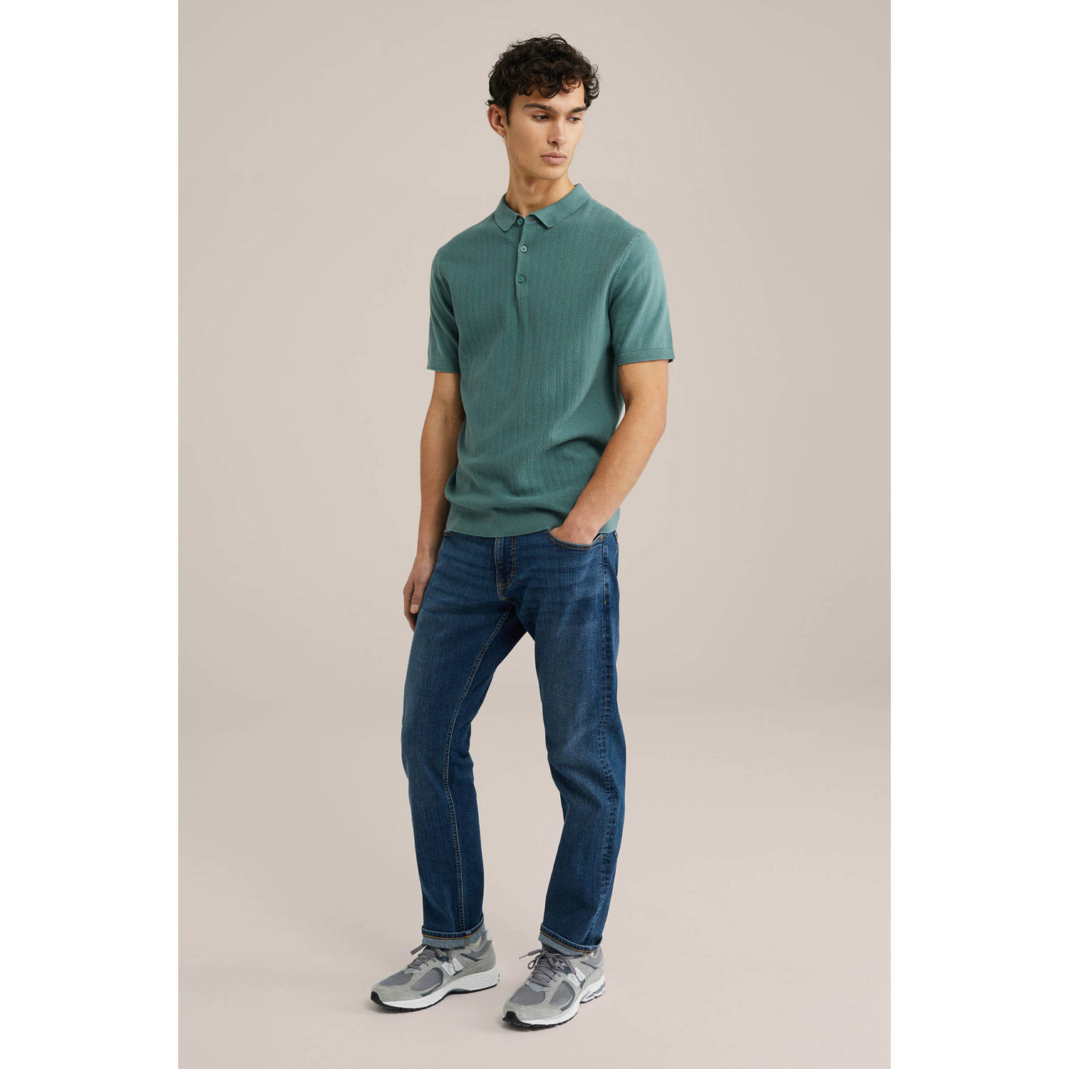 WE Fashion regular polo fijn gebreid groen