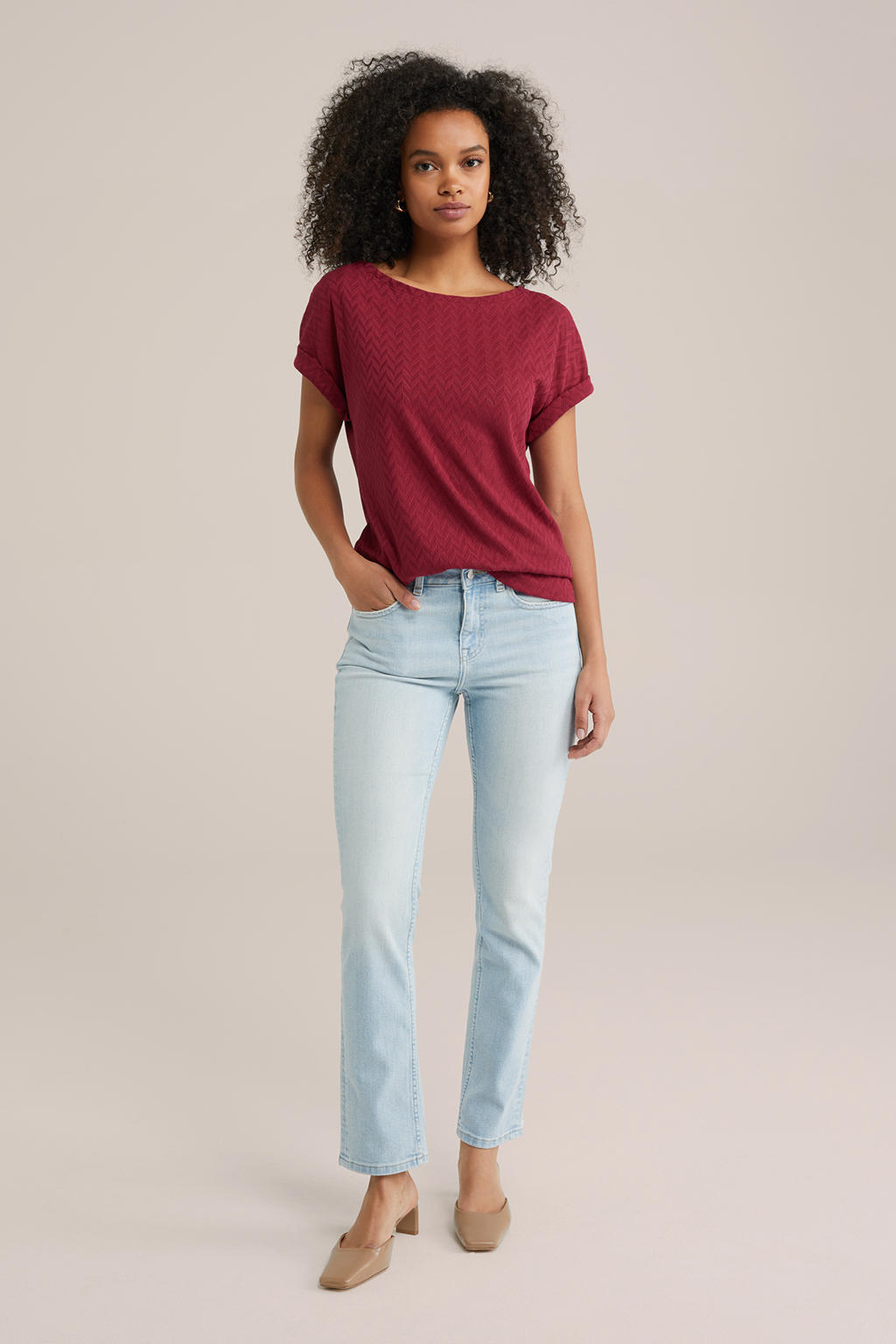 Donkerrode dames WE Fashion top ajour van polyester met effen, korte mouwen en boothals