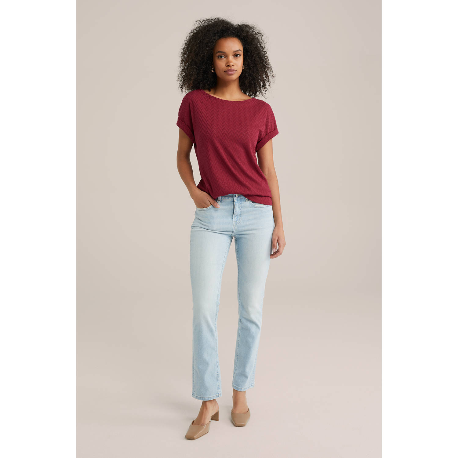 WE Fashion top donkerrood ajour