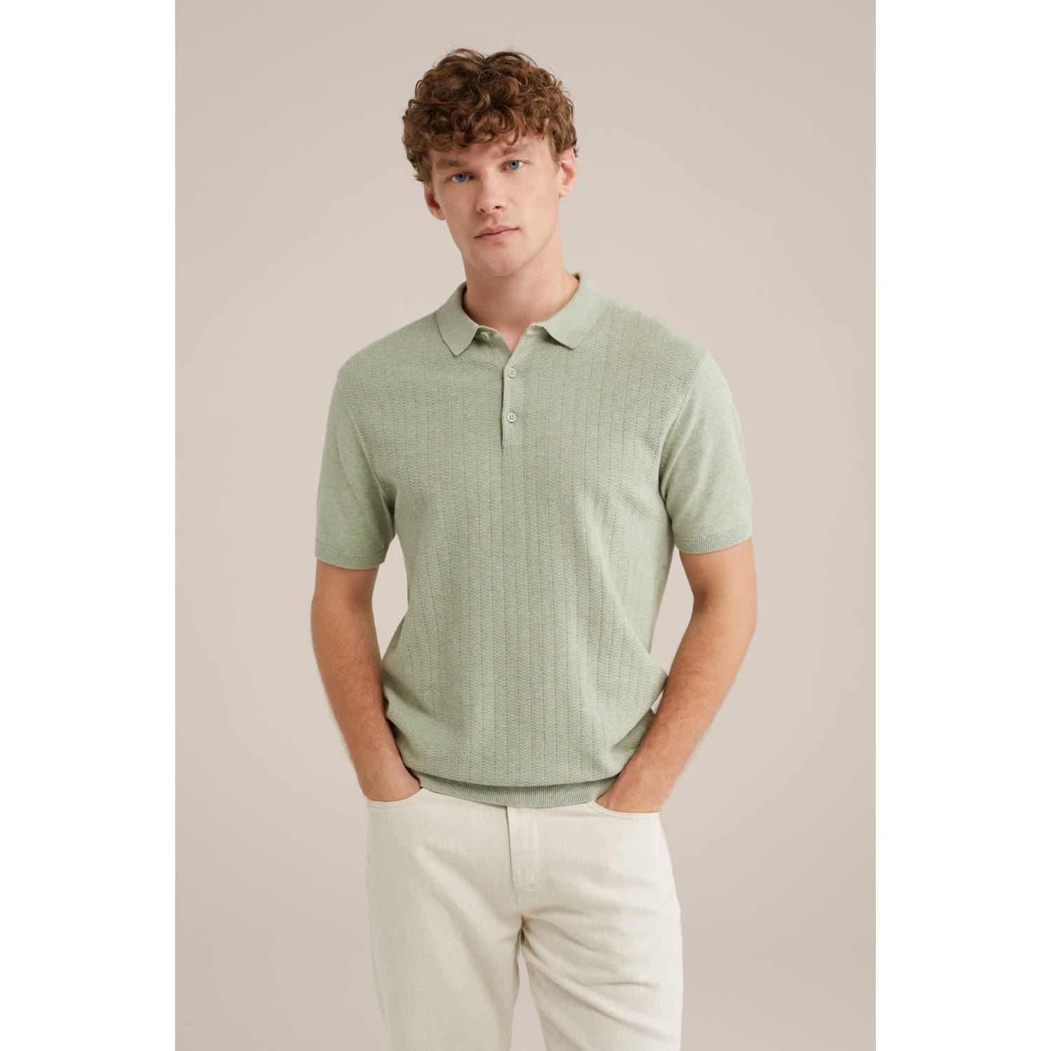 WE Fashion regular polo fijn gebreid lichtgroen