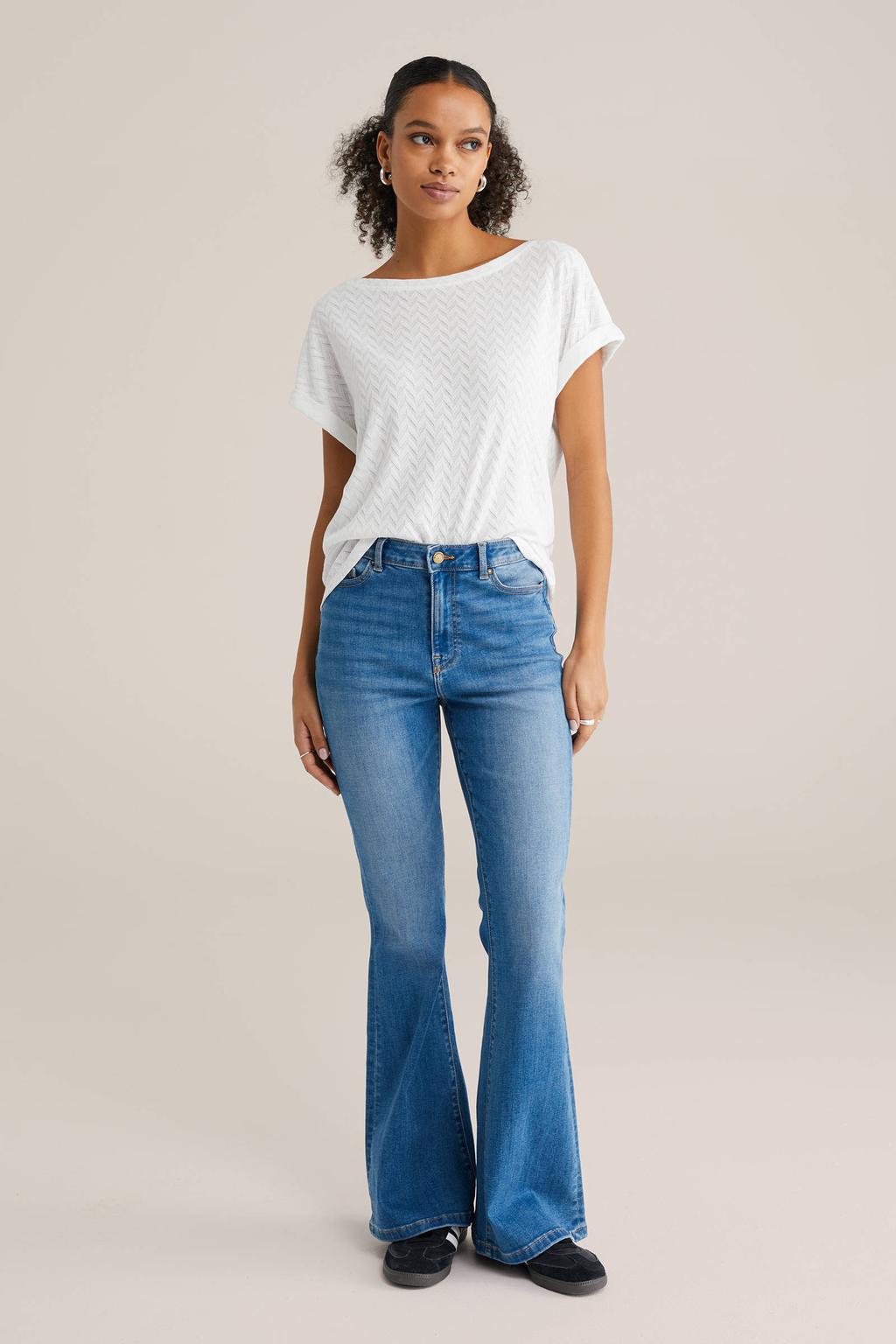 Witte dames WE Fashion ajour top van polyester met effen, korte mouwen en boothals