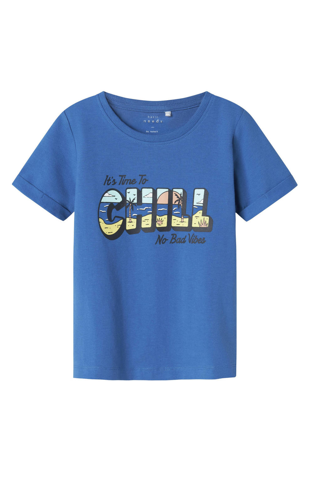 Blauwe jongens NAME IT MINI T-shirt van stretchkatoen met effen, korte mouwen en ronde hals