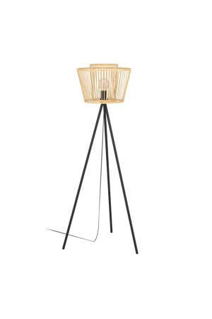 Hykeham Vloerlamp - Staande lamp - E27 - 129,5 cm - Driepoot - Staal/Bamboe - Zwart/Bruin