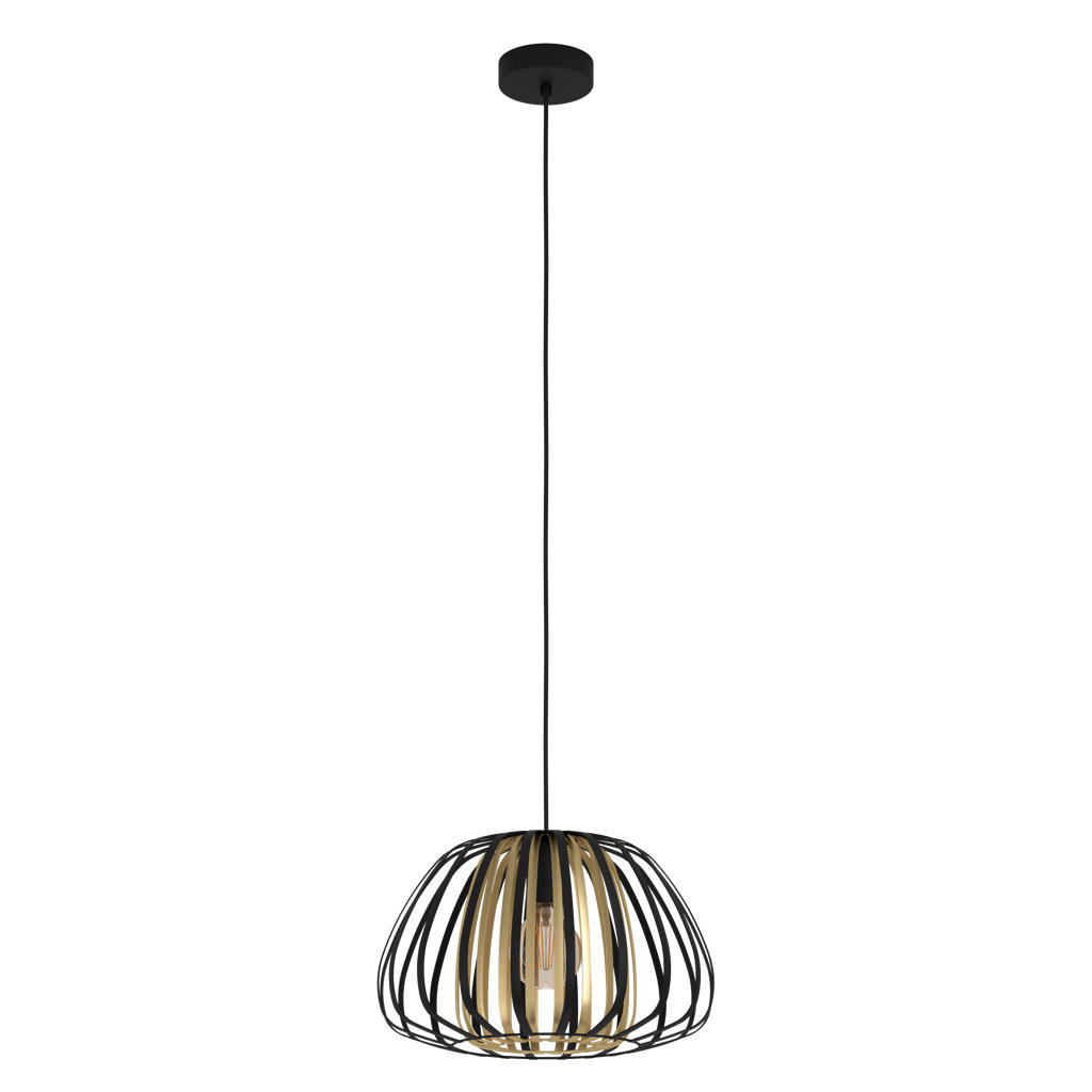 EGLO Hanglamp Encinitos, 1-lichts pendellamp, eettafellamp van metaal in zwart en mat messing, lamp hangend voor woonkamer, E27 fitting, 25,5 cm
