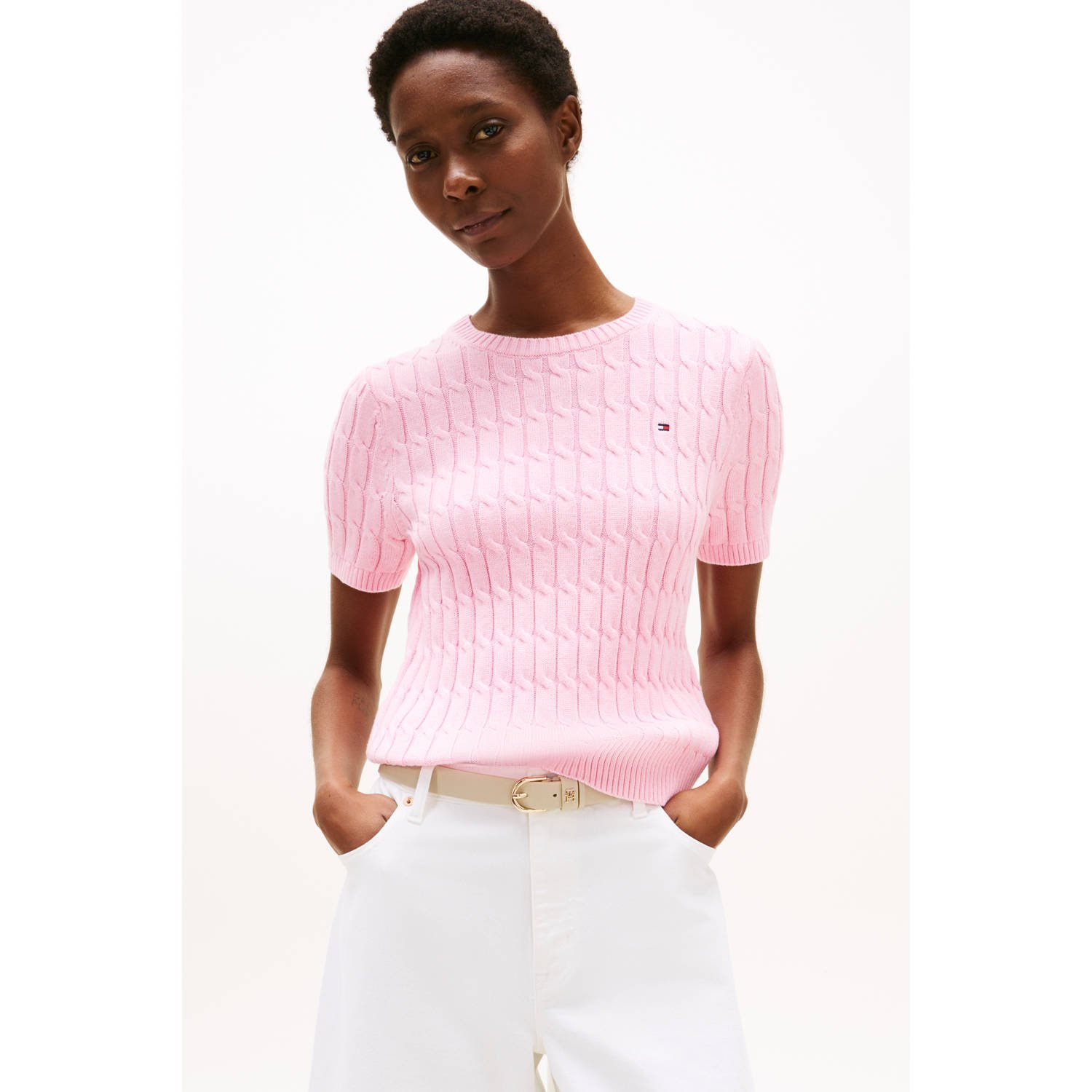 Tommy Hilfiger gebreide trui roze met kabels