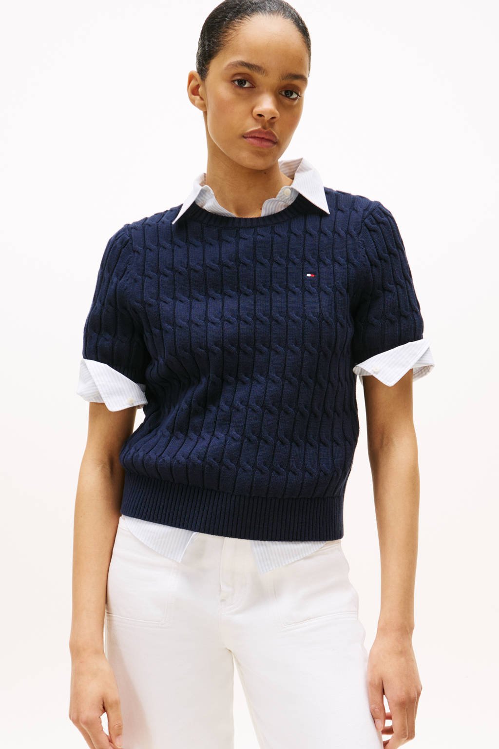Tommy Hilfiger gebreide trui blauw met kabels wehkamp