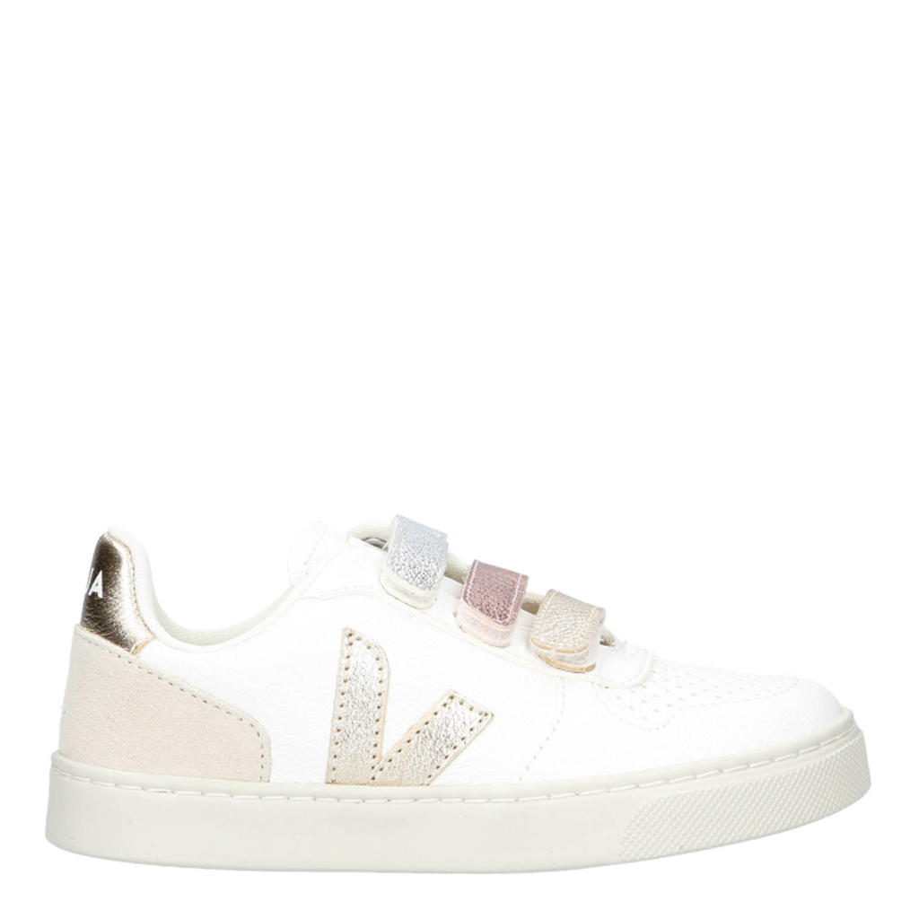 Witte meisjes Veja Small V-10 leren sneakers met klittenband