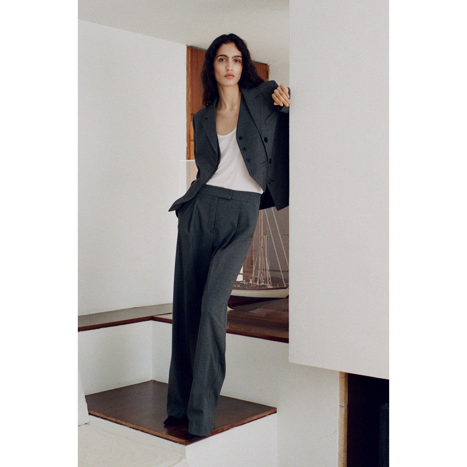 Mango straight regular waist pantalon grijs
