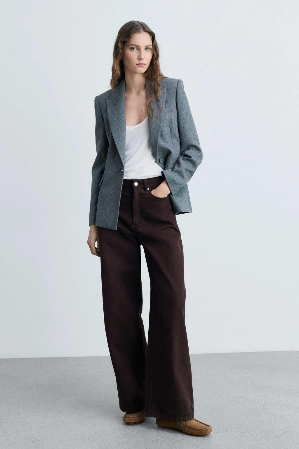 Donkerblauwe dames Mango high waist mom jeans van denim met rits- en knoopsluiting en effen