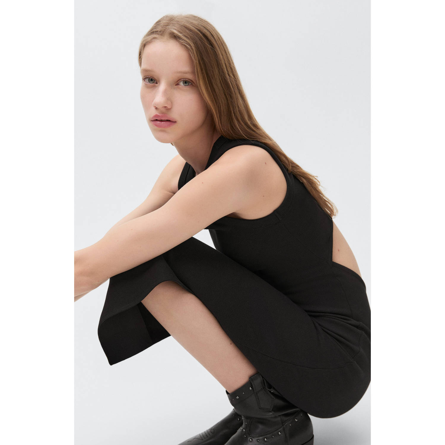 MANGO TEEN maxi jurk rib gebreid zwart
