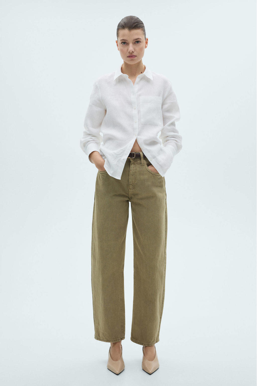 Witte dames Mango blouse van linnen met effen, lange mouwen, klassieke kraag en knoopsluiting