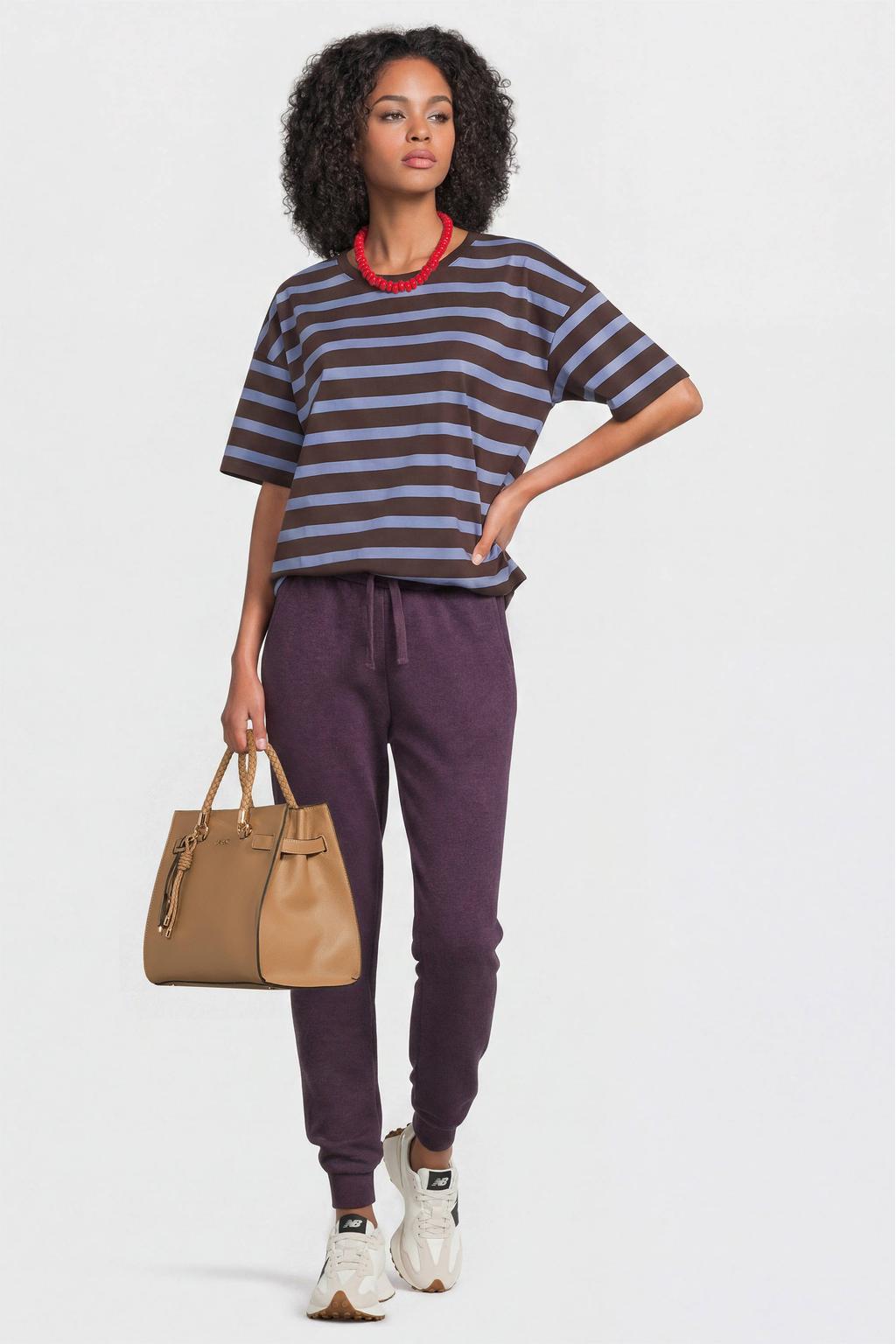 Donkerpaarse dames Anytime fleece joggingbroek melange met tapered fit, regular waist en elastische tailleband met koord