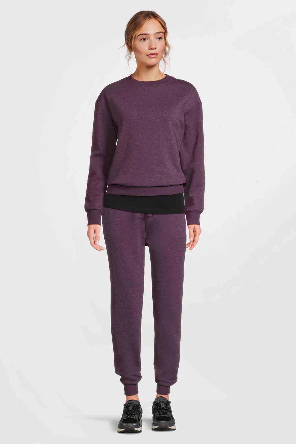 Donkerpaarse dames Anytime fleece sweater melange met lange mouwen en ronde hals