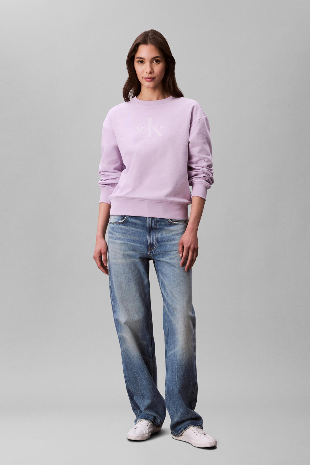 Lilakleurige dames CALVIN KLEIN JEANS sweater van katoen met logo dessin, lange mouwen en ronde hals