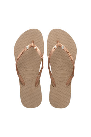 Slim Luxury Aqua  teenslippers met sierstenen roségoud