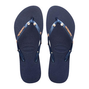Slim Luxury Aqua teenslippers met sierstenen donkerblauw