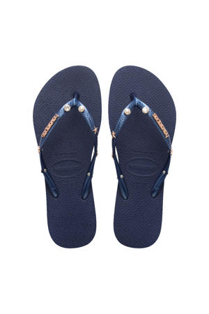 Slim Luxury Aqua teenslippers met sierstenen donkerblauw