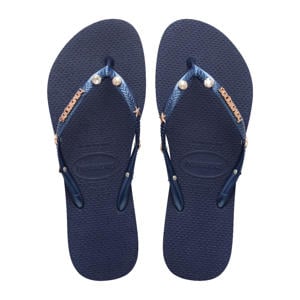 Slim Luxury Aqua teenslippers met sierstenen donkerblauw