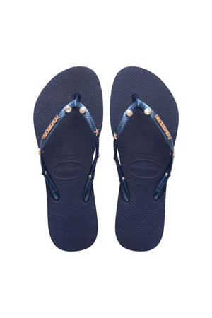 Slim Luxury Aqua teenslippers met sierstenen donkerblauw