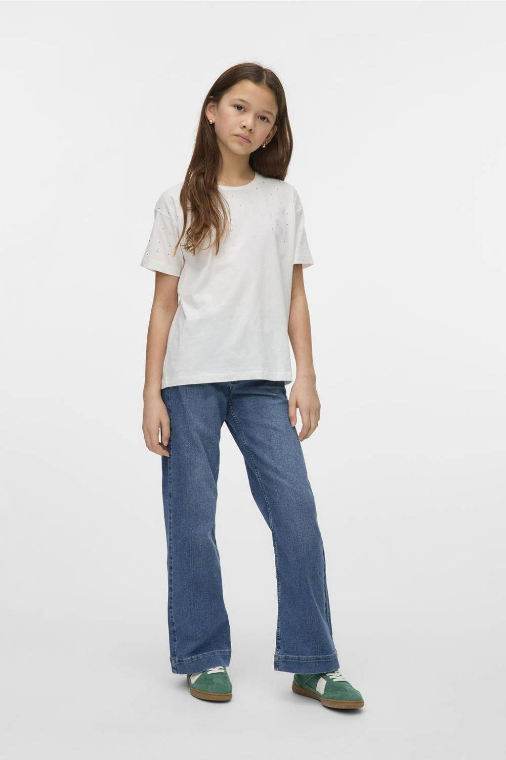 Witte meisjes VERO MODA GIRL T-shirt van katoen met korte mouwen, ronde hals en strass steentjes