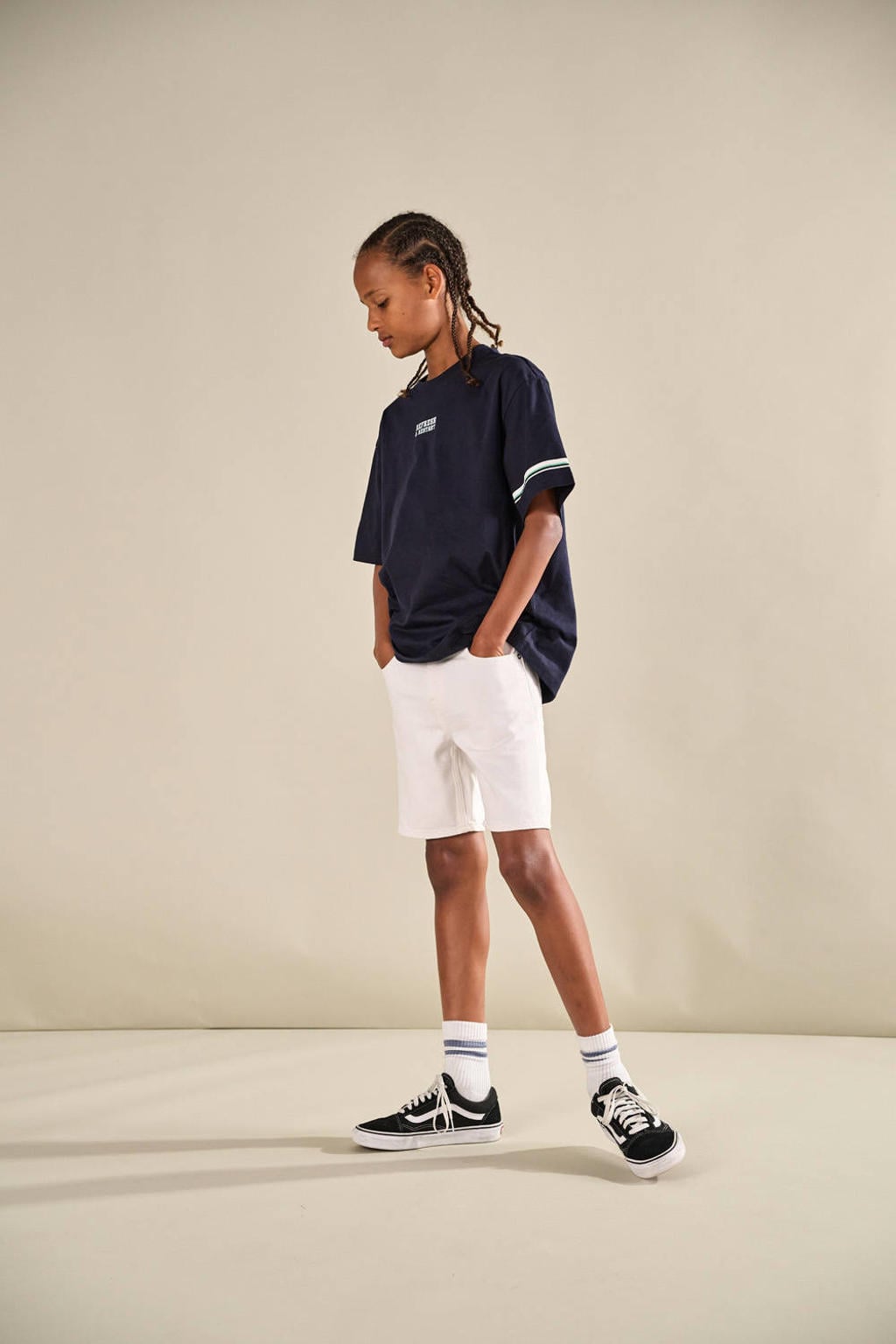 Donkerblauwe jongens ONLY & SONS JUNIOR T-shirt van katoen met effen, korte mouwen en ronde hals