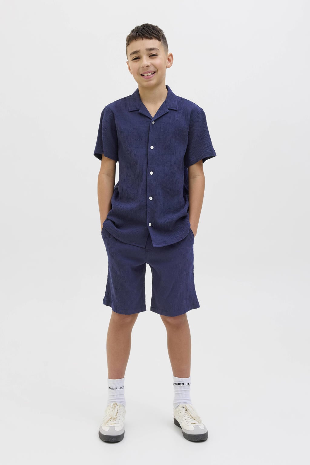 Blauwe jongens JACK & JONES JUNIOR casual short van katoen met relaxed, elastische tailleband met koord en effen