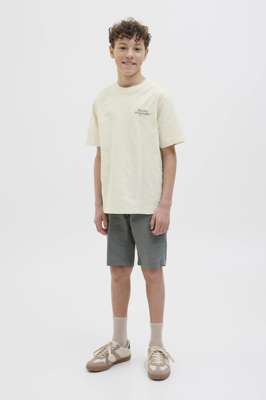 Ecru jongens JACK & JONES JUNIOR T-shirt van katoen met backprint, korte mouwen en ronde hals