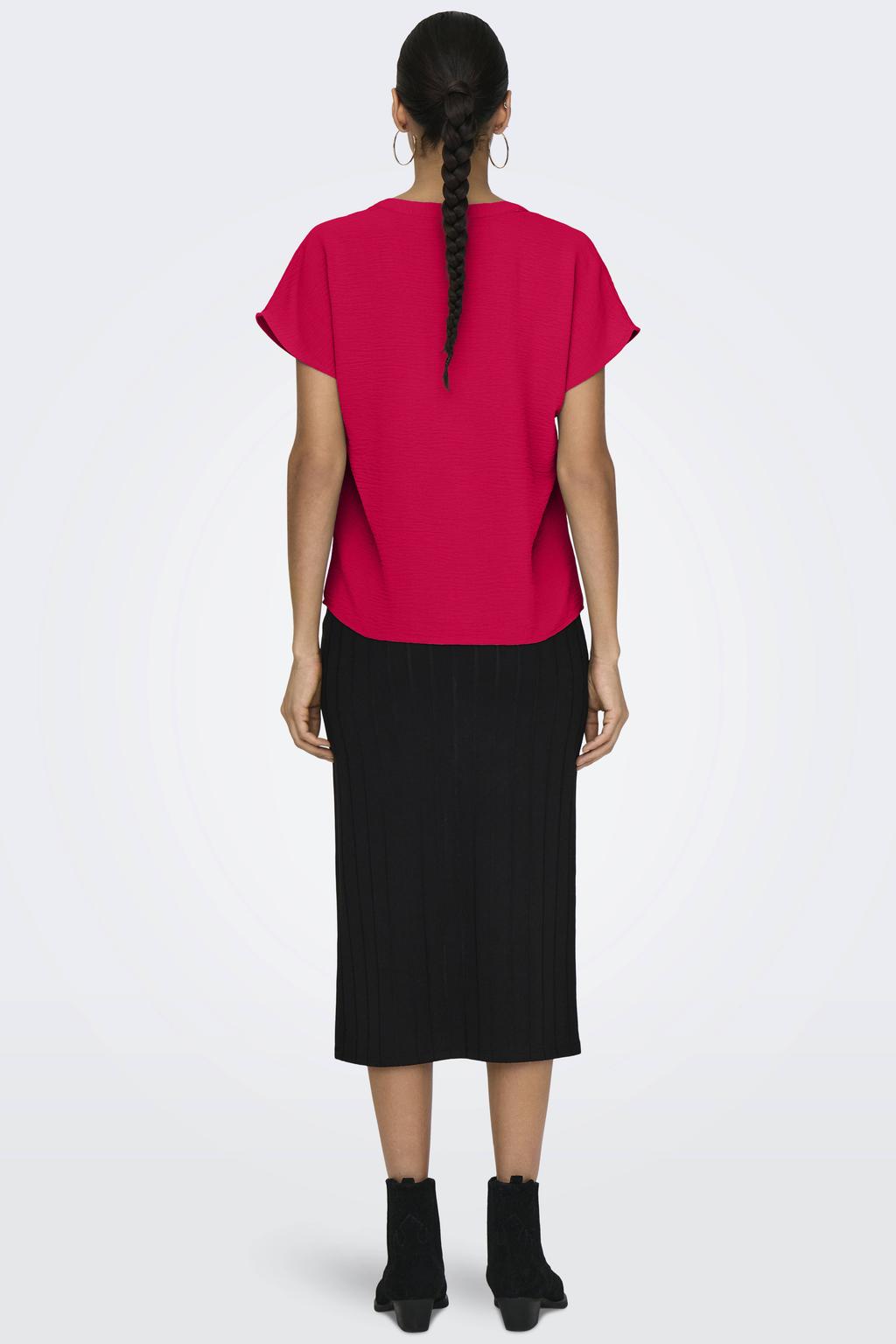 Rode dames JDY blousetop van polyester met effen, korte mouwen, V-hals en geweven detail