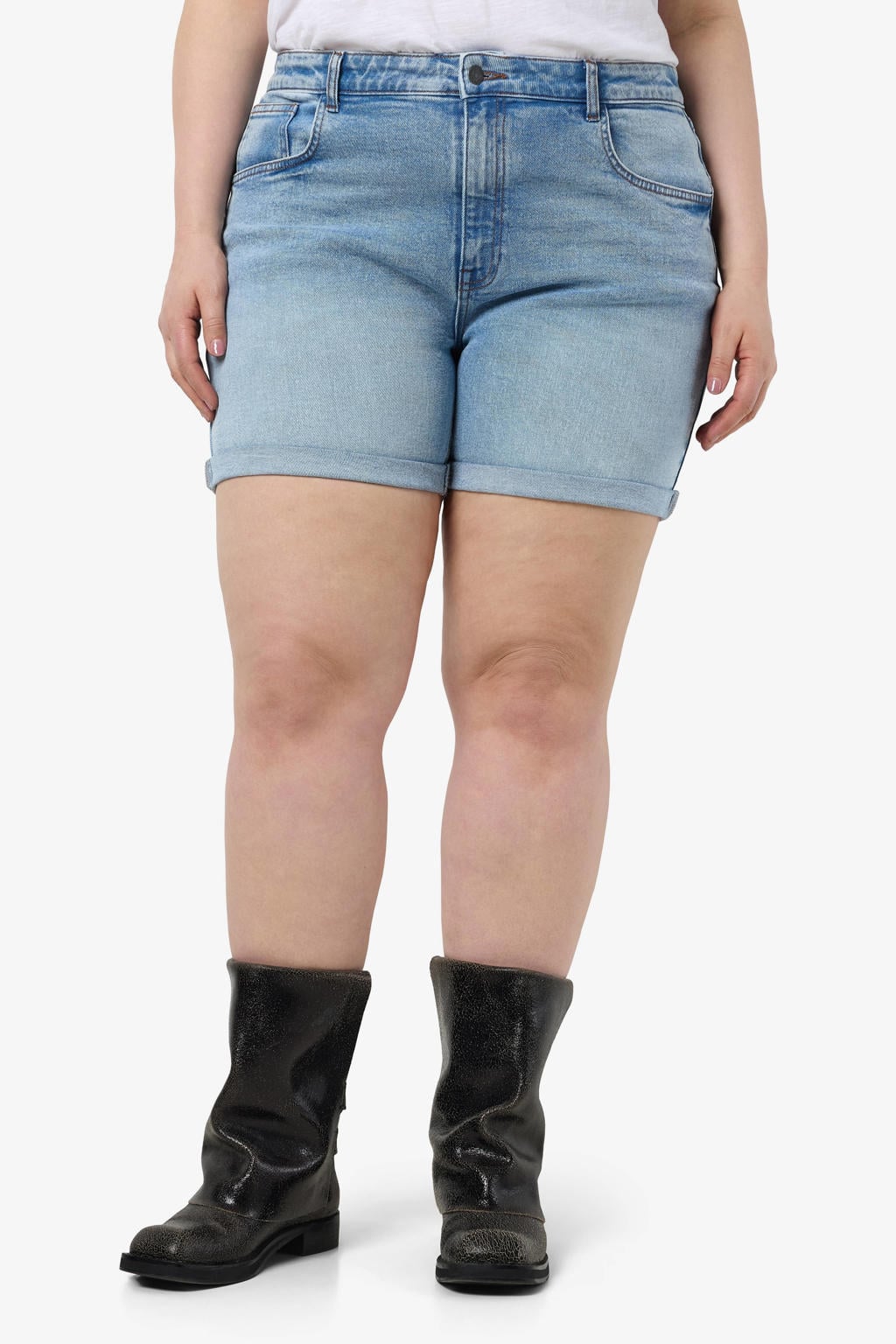 Lichtblauwe dames NOISY MAY Curve high waist short van stretchdenim met loose fit, rits- en knoopsluiting en effen
